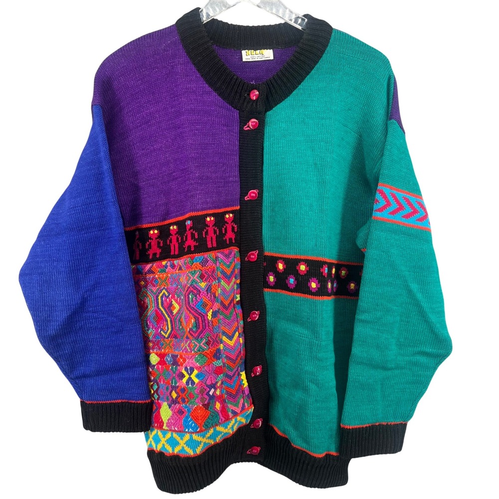 BELA Hand Made in Guatemala Cotton Colorblock Mayan Pattern Cardigan Sweater